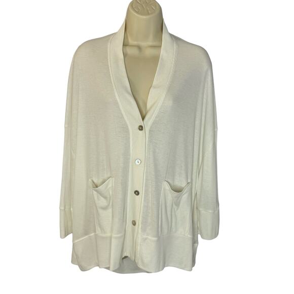 Alembika Ribbed Cardigan V Neck Lightweight 3/4 Sleeve White  Relaxed Fit M - Picture 1 of 12